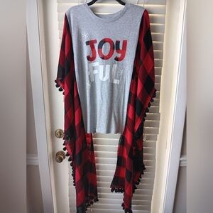 Upcycled Joyful Gray and Red Plaid Tshirt/Poncho